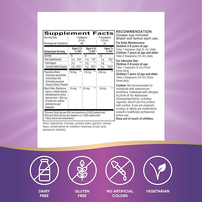 Nature's Way Sambucus Elderberry Immune Syrup for Kids Ages 2+ Echinacea &amp Propolis with Superfood Antioxidants(1) Immune Support Syrup* Vegetarian Berry Flavored 8 Fl Oz