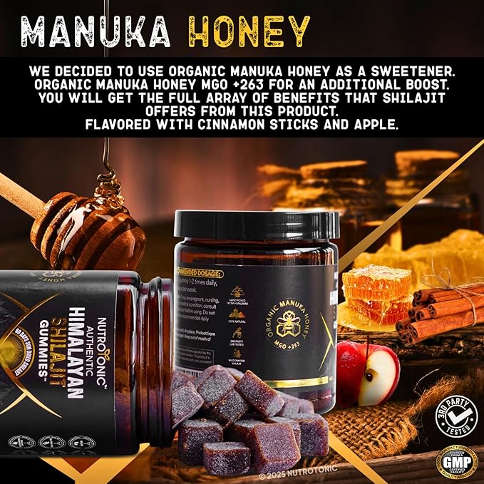NutroTonic® Organic SHILAJIT Gummies | Apple Cinnamon Flavor | Shilajit for Men &amp Women | No Added Sugar Sweetened by Manuka Honey | Clean Formula | Natual Source of Urolithin | 30 Gummies