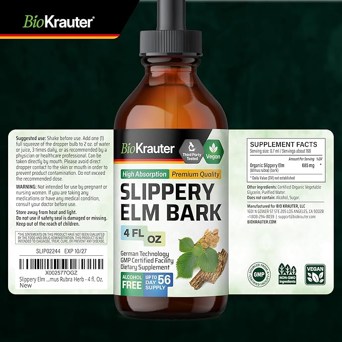 BIO KRAUTER Slippery Elm Bark Tincture - Pure Slippery Elm for Women &amp Men - 4 Fl.Oz. 56 Days of Supply - Throat &amp Voice Support - Vegan Liquid Drops for Lungs - Respiratory &amp Digestive He