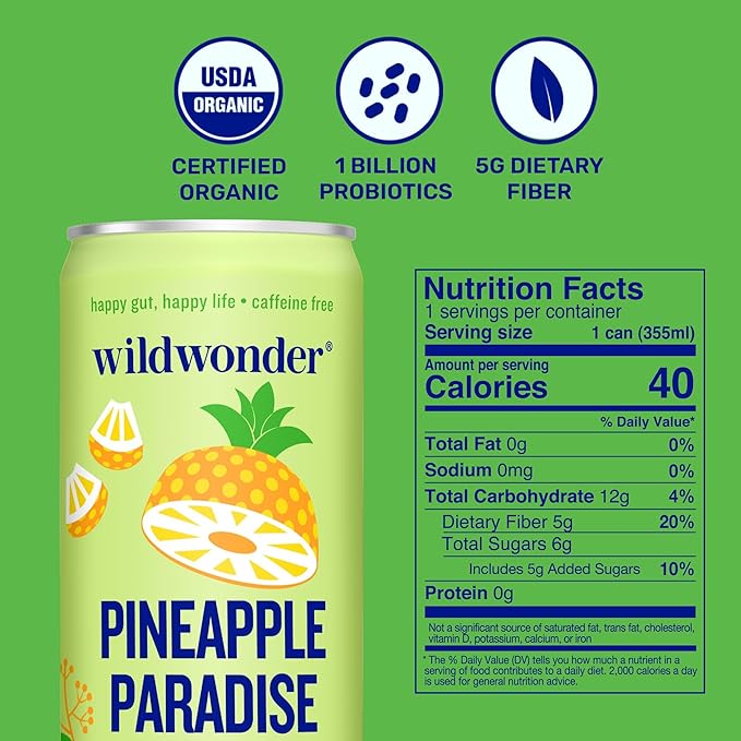 wildwonder Sparkling Probiotic Drink 12pk For Gut Health &amp Immune Support Pineapple Paradise 5g Prebiotic Fiber Live Probiotics Organic Vegan Low Sugar 12 Pack 12oz Can As Seen on Shark
