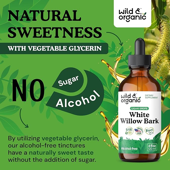 Wild &amp Organic White Willow Bark Tincture - Liquid Supplement for Overall Support - Alcohol &amp Sugar-Free White Willow Extract Drops - Salix Alba Bark - Vegan No Additives - 4 fl oz