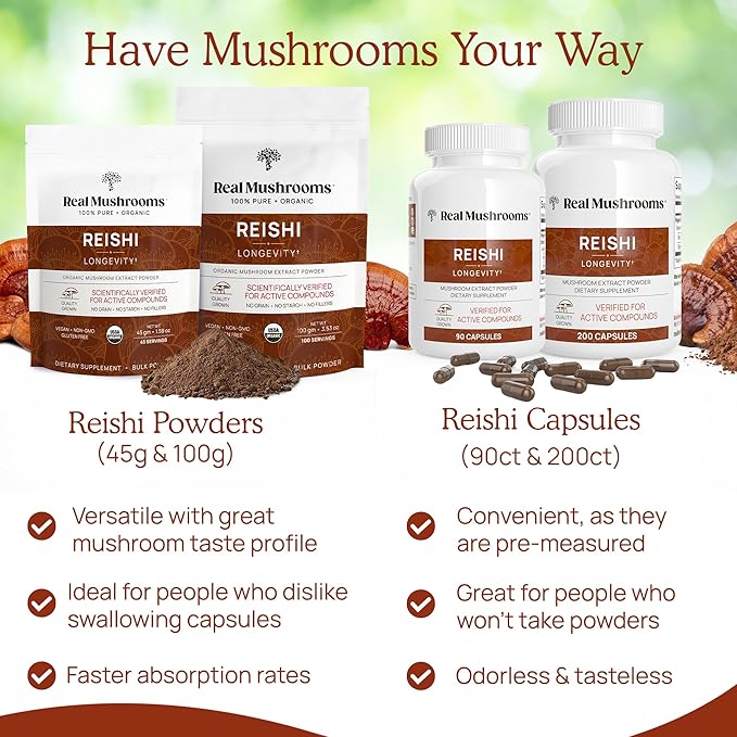 Real Mushrooms Reishi Mushroom Capsules - Handpicked Organic Mushroom Extracts - Red Reishi for Tranquil Daily Wellness with Verified Beta Glucans Vegan Non-GMO No Grain Fillers 90 ct (Pack of 2)