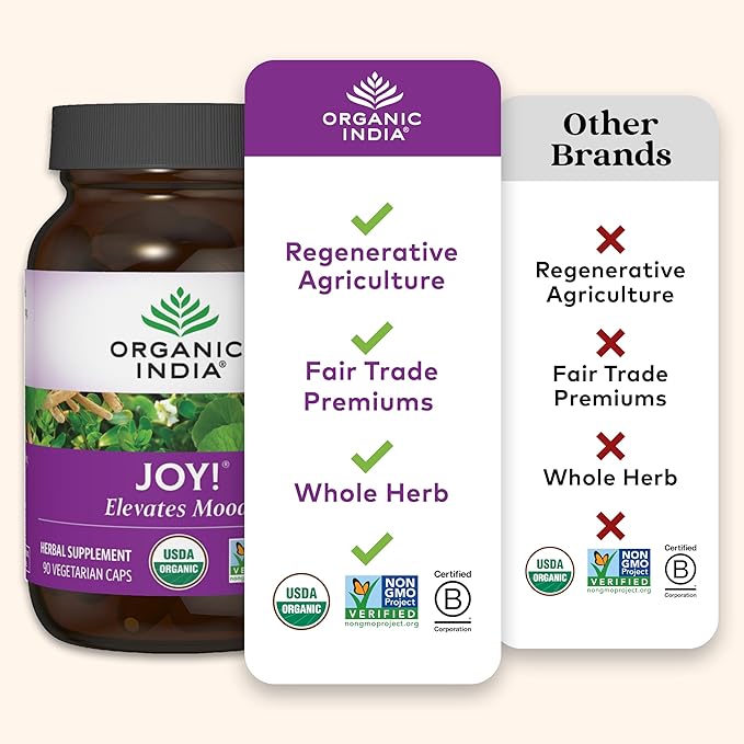 ORGANIC INDIA Joy Herbal Supplement - Immune Support Promotes Memory &amp Concentration Vegan Gluten-Free Kosher USDA Certified Organic Non-GMO Calming - 90 Capsules