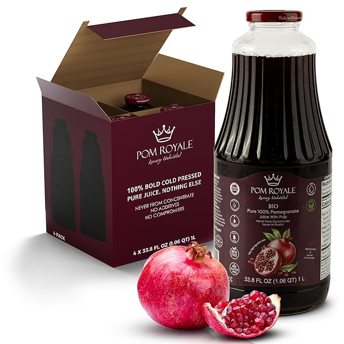 Pure Pomegranate Juice with Pulp 33.8oz Glass Bottle (Pack of 4) Cold Pressed Juice Not from Concentrate Non-GMO No Sugar Added Gluten Free Kosher Certified Preservative Free