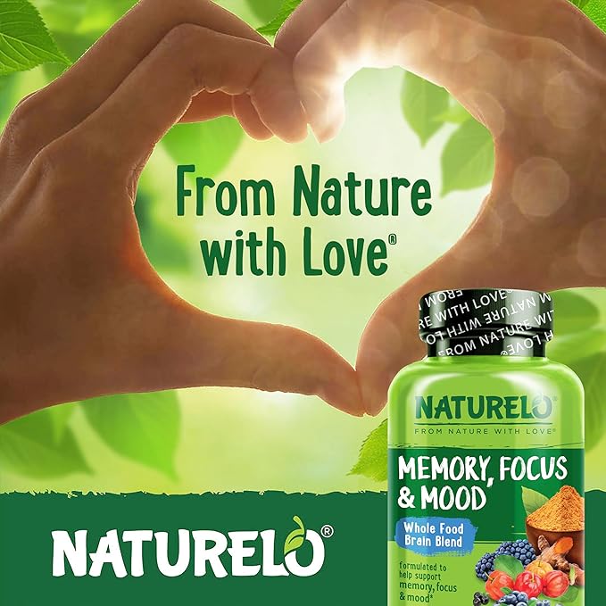 NATURELO Whole Food Brain Supplement - Brain Health Supplements for Memory &amp Focus Support - Enhance Brain Health Blend Supplement for Adults - 60 Vegetarian Capsules