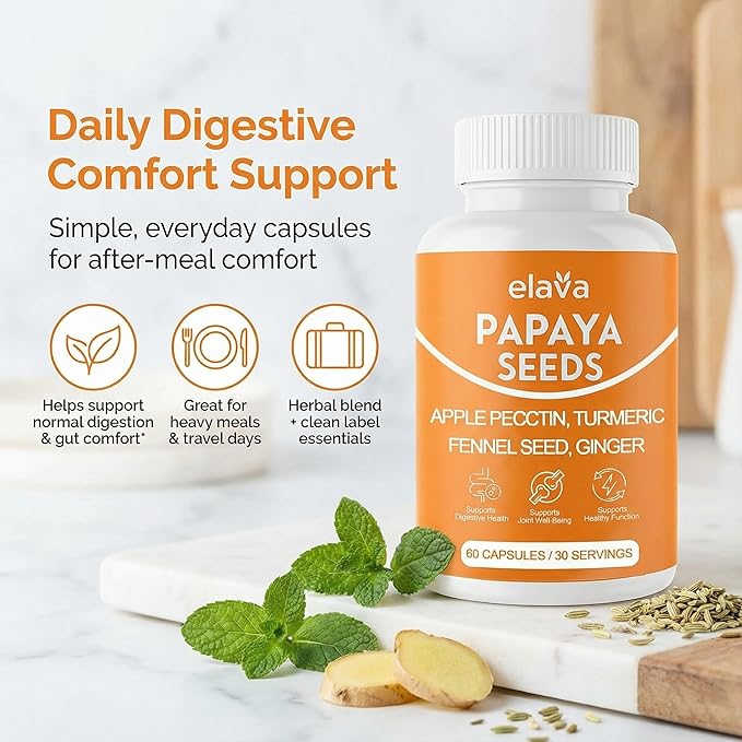 Elava Papaya Seeds Capsules Papaya Seeds Organic Digestive Herbal Blend with Turmeric Ginger Peppermint &amp Fennel Non-GMO Gluten &amp Lactose Free 60 Capsules