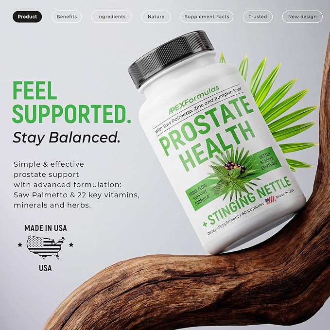 Prostate Health Supplements for Men with Stinging Nettle - Urinary Tract Health &amp DHT Blocker for Hair Growth - Pumpkin Seed Saw Palmetto Pygeum Lycopene - Mens Multivitamins with Zinc - 60 cap