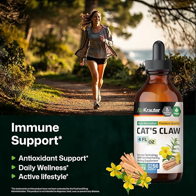 BIO KRAUTER® Сats Сlaw - Liquid Drops Pure Vegan Cats Claw Herb Supplement 625 mg per Serving 4 Fl.Oz 56-Day Supply - Used for Digestive &amp Immune Support Natural Antioxidant - Alcohol &amp Sugar