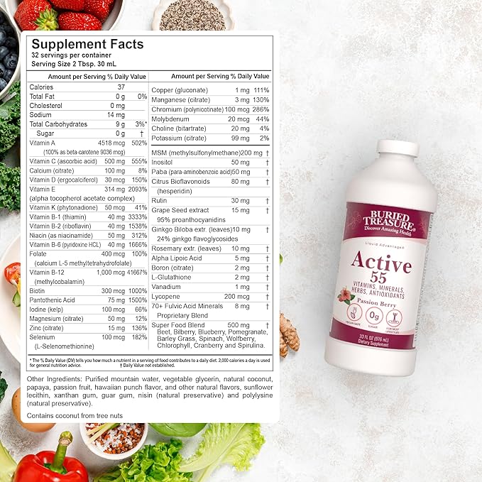 Buried Treasure Active 55 Plus - 32 serv Liquid Multivitamin for Seniors Vegan Sugar-Free Natural Immune Support Vitamins &amp Super-Foods Blend