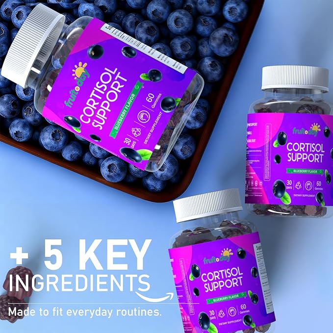 Cortisol Support Gummies with Ashwagandha &amp L-Theanine – 5-Ingredient Daily Formula Blueberry Flavor 60 Count