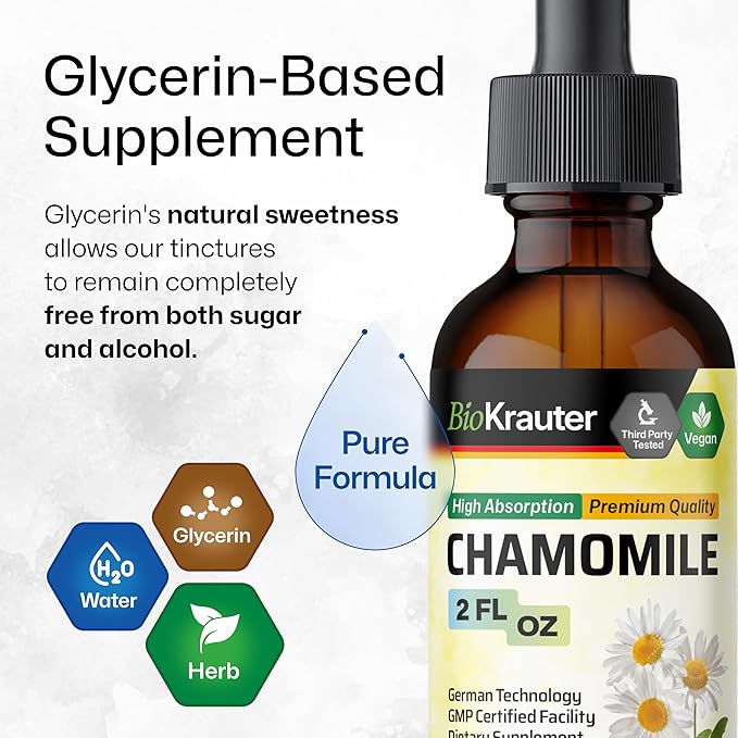 BIO KRAUTER® Chamomile Extract - Liquid Drops Pure Vegan Chamomile Supplement 670 mg per Serving 2 Fl.Oz 28-Day Supply - Used for Calm &amp Relax - Alcohol &amp Sugar Free - Natural Calm &amp Sleep