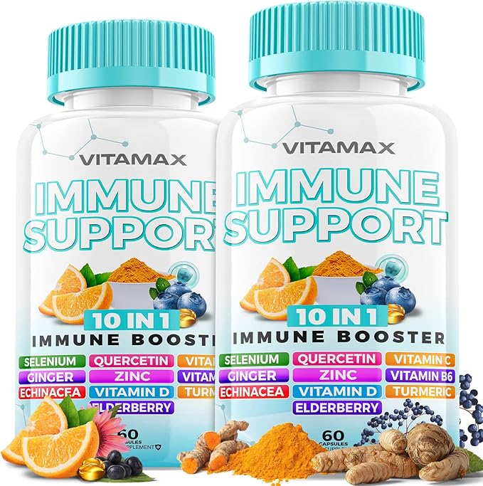 10-in-1 Immune Support with Elderberry D3 Selenium Quercetin Zinc Vitamin C Ginger Turmeric Curcumin B6 Echinacea – Immune Defense – Made in USA (60 Count (Pack of 2))