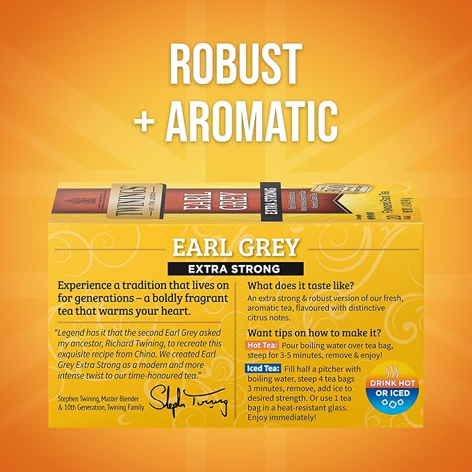 Twinings Earl Grey Extra Strong Black Tea Individually Wrapped Bags 20 Count (Pack of 6) Flavoured with Citrus and Bergamot Caffeinated Enjoy Hot or Iced 120 Teabags
