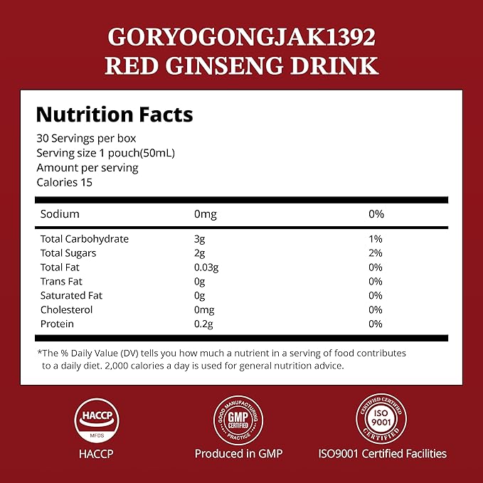 GORYO GONGJAK 1392 Korean Red Ginseng Herbal Energy Drink Made from 6 Year Old Roots | Premium Ginseng Extract | Caffeine Free | Vegan Friendly Korean Gift Set 50ml x 30 Pouches