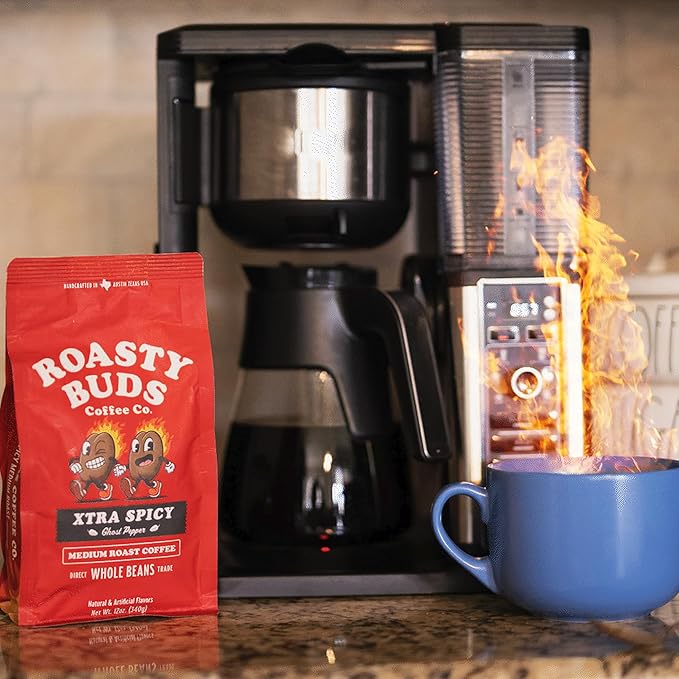 Roasty Buds Xtra Spicy Ghost Pepper Coffee | Premium Arabica Whole Beans The Original Spicy Coffee (12 oz) | Gluten-Free No Sugar/Dairy/Soy/Egg Medium Roast Coffee (12 Ounce Xtra Spicy Ghost Peppe