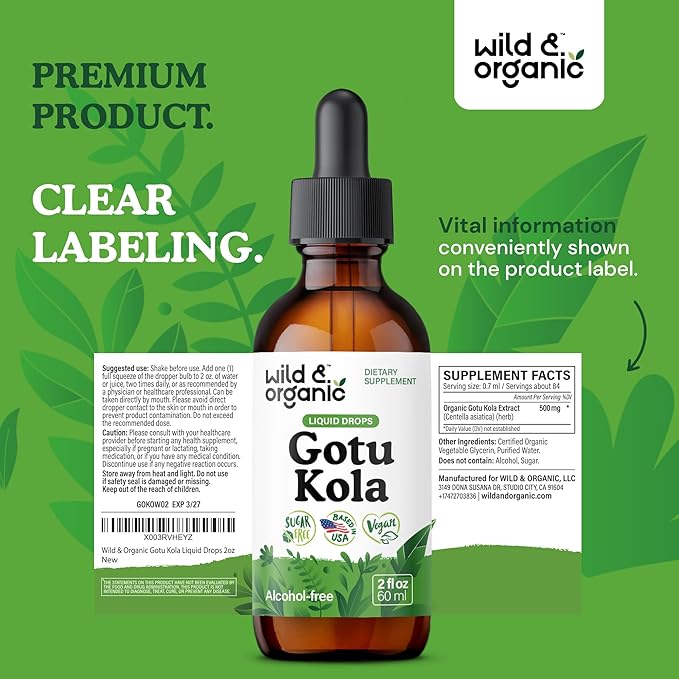 Wild &amp Organic Gotu Kola Herb Tincture - Brain Support - Gotu Kola Liquid Extract Drops - Vegan Sugar &amp Alcohol-Free Centella Asiatica Supplement - 2 fl oz