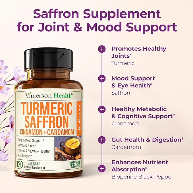 Saffron Supplements – 89mg Saffron Extract 1000mg Turmeric Curcumin Ceylon Cinnamon &amp Cardamom – Daily Mood Joint &amp Metabolic Support – Joint Supplements for Women &amp Men – 120 Capsules
