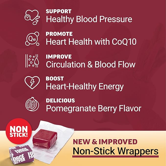 Force Factor Total Beets Ultimate Heart Health Chews for Blood Pressure Supportwith Beetroot PowderCoQ10B Vitamins &amp Grapeseed Extract for Blood Flow &amp EnergyBlack Cherry60 Soft Chews(Pa