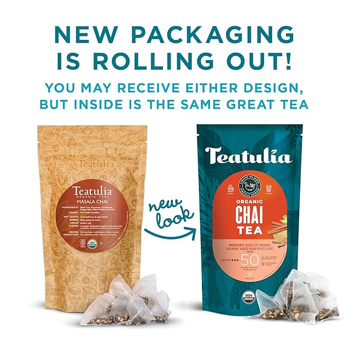 Teatulia Organic Masala Chai Tea Bags (50 Pyramid Sachet Teabags) Premium Whole Leaf. Compostable &amp Sustainably Grown In Bangladesh. Black Tea Cinnamon Cardamom Ginger Root Black Pepper Clove
