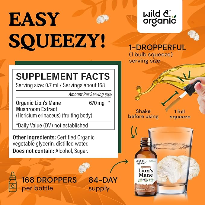 Wild &amp Organic Lions Mane Liquid Drops - Brain &amp Focus Support - 84-Day Supply - Lion's Mane Mushroom Supplement - Hericium Erinaceus Mushroom Drops - Sugar &amp Alcohol-Free Extract Tincture