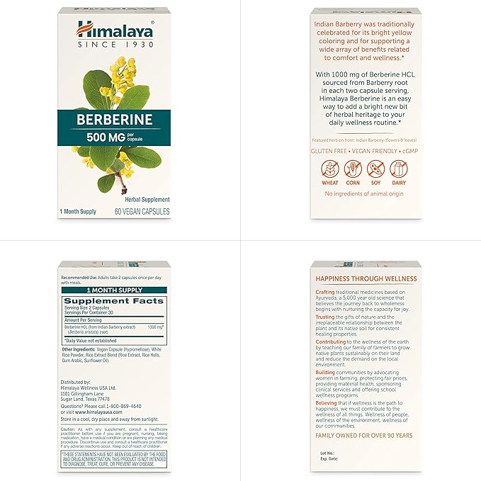 Himalaya Berberine - Herbal Supplement for Supporting Normal Metabolism Immune and Digestive Health - Vegan Gluten Free 500 mg 60 Vegetarian Capsules