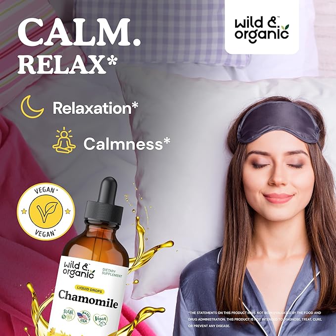 Wild &amp Organic Chamomile Flowers Tincture - Calming Supplement for Relaxation - Chamomile Extract Liquid Drops - Vegan Sugar &amp Alcohol-Free - 4 fl oz
