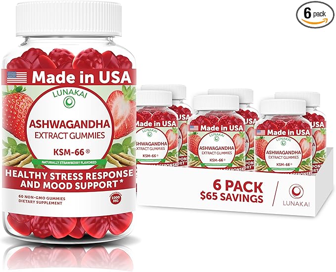 Lunakai USA Made KSM-66 Ashwagandha Gummies for Women &amp Men – Daily Vegan Supplement for Stress Mood &amp Sleep Support – 6 Pack