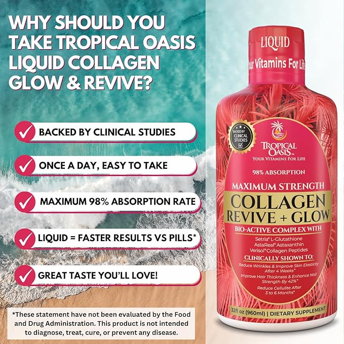 Tropical Oasis Liquid Collagen Glow for Women &amp Men | 5000mg VERISOL Collagen Peptides + 12500mcg Biotin | Clinically Tested for Thicker Hair Brighter Skin Wrinkles &amp Stronger Nails | 32 Ser