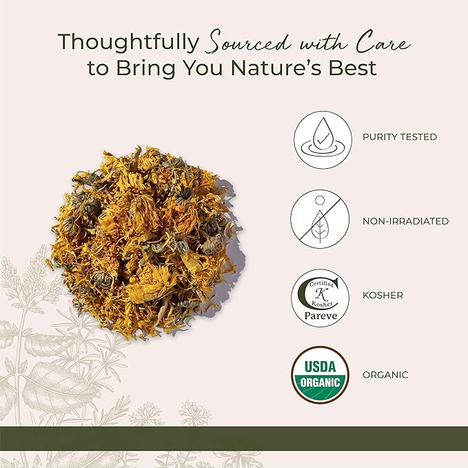 Starwest Botanicals Organic Dried Calendula Flowers - Natural Loose Leaf Herb for Tea &amp Culinary Use Herbal Calendula Petals Caffeine Free Certified Kosher Non-GMO - Bulk 1 lb Bag