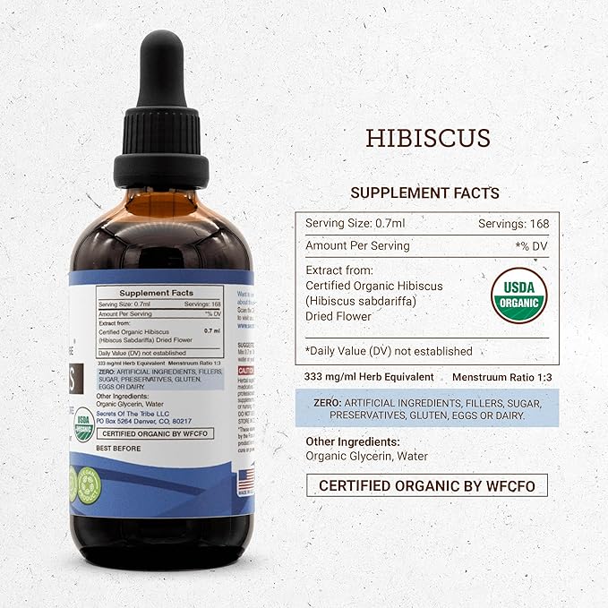 Secrets of the Tribe Hibiscus Tincture Alcohol-Free Liquid Extract USDA Organic Hibiscus Sabdariffa Dried Flower (4 FL OZ)