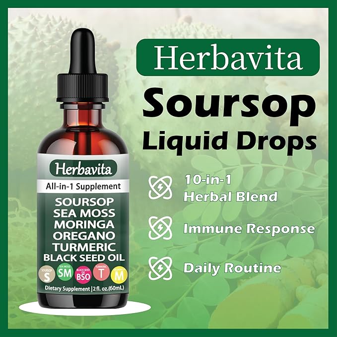 Soursop Liquid Drops 10 in 1 with Sea Moss Moringa Turmeric Black Seed Oil and Other Plant Elements– Vegan Non-GMO Immune &amp Energy Support – 2 fl oz (1pc)