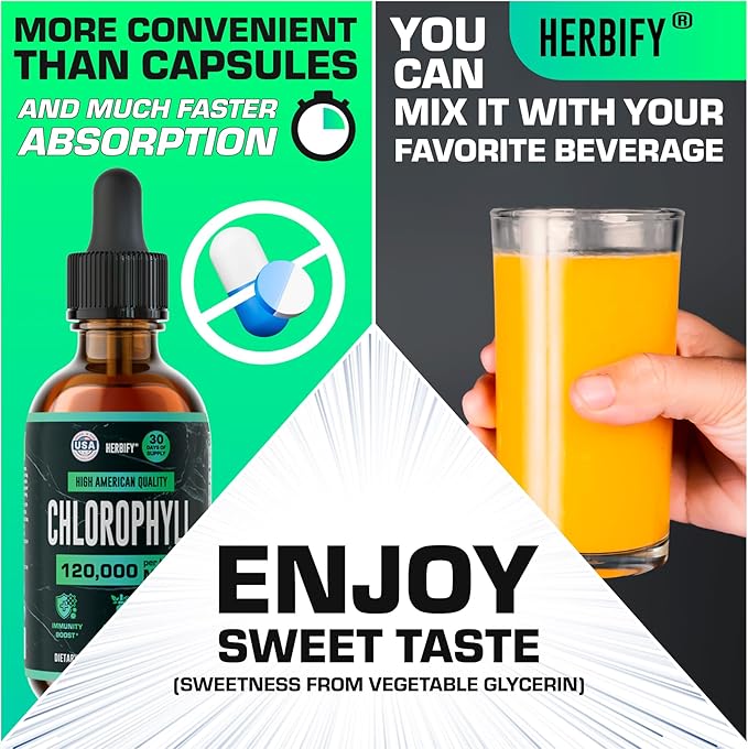 HERBIFY Chlorophyll Drops - Liquid Chlorophyll for Energy Boost &amp Immune System Support - Made in USA - Chlorophyll Liquid Drops for Body Detox Internal Deodorant &amp Enhance Skin - 2 Oz