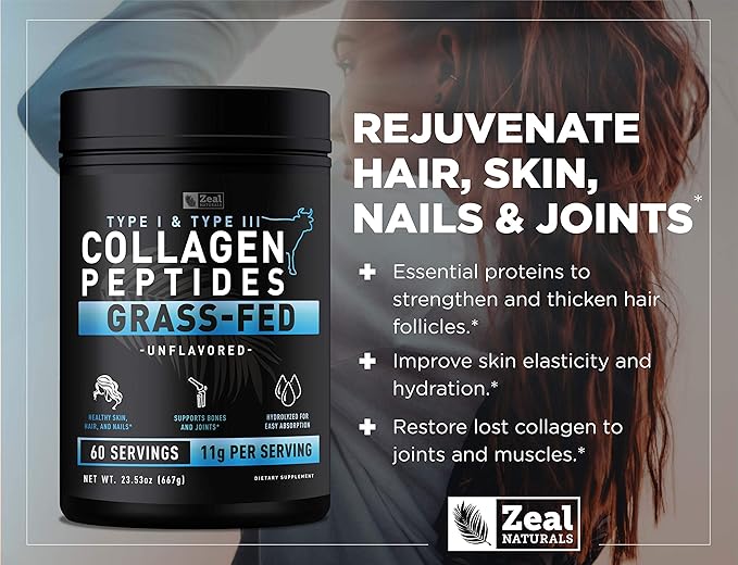 Zeal Naturals Hydrolyzed Collagen Peptides Powder 10g Protein | Grass-Fed Collagen for Women &amp Men | Essential Amino Acids | Hair Skin Nails Bone Health | 45 Servings Unflavored