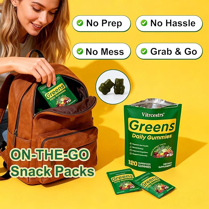 Greens Daily Gummies Super Greens Gummies for Adults Superfood Multivitamin Gummy with Spirulina Chlorella Prebiotic Fiber Fruit Veggie for Digestive &amp Gut Health Adaptogens Supplement 120 C