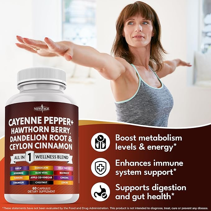 NEW AGE Cayenne Pepper Capsules Supplement with Hawthorn Berry Dandelion Root Ceylon Cinnamon Garlic Ginger ACV Milk Thistle Beet Root Aloe Vera - 180 Count