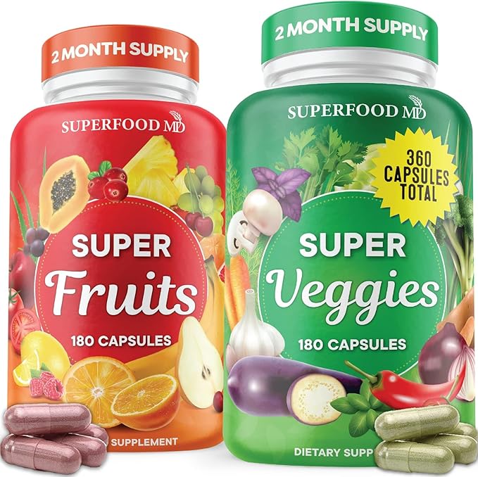 Superfood Fruit and Veggie Supplement - 360 Whole Super Fruit and Vegetable Supplements &amp Vitamin with Beta-Carotene Soy Free- 180 Count (Pack of 2)