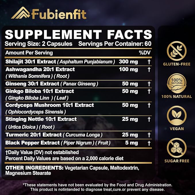 Shilajit Capsules - Premium Shilajit for Men - with Ashwagandha Ginseng and More Fulvic Acid for Men/Women - 120 Capsules