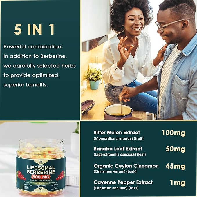 Berberine 500mg Supplement Once Daily Liposomal Gummies with Ceylon Cinnamon Bitter Melon Banaba Leaf for Metabolism Balanced AMPK Activator High Absorption Sugar Free Vegan 60 Cts
