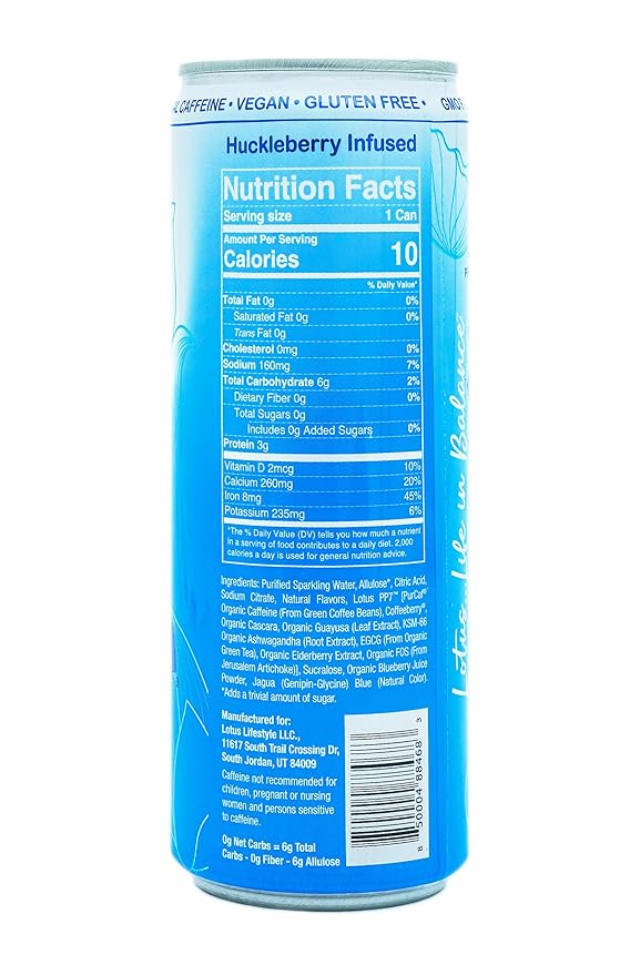 Blue Lotus Plant Power Drink™ | Sugar Free Low Calorie | 160 mg Natural Caffeine from Green Coffee Bean | Plant-Based Ingredients | Zero Sugar | 10 Calories | 12 oz Cans | 12 Count