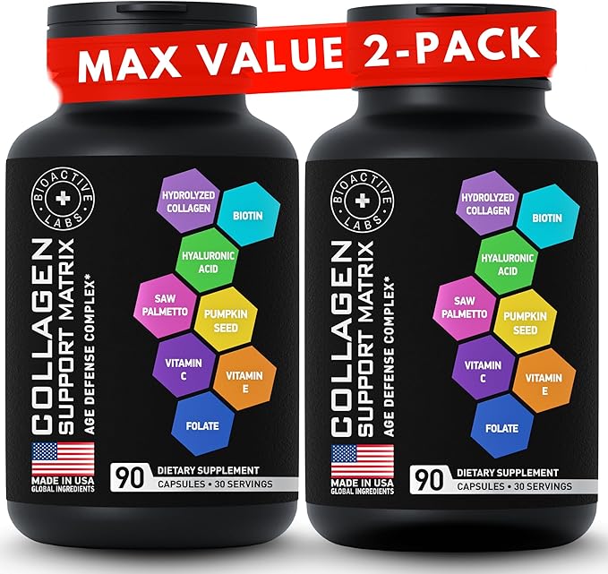 Age Defense Beauty Collagen Matrix - 2000mg Multi Collagen Biotin Keratin Hyaluronic Acid Saw Palmetto Supplement Complex - DHT Blocker for Men &amp Women for Hair Growth - 2-PACK 180 Gluten-Free C