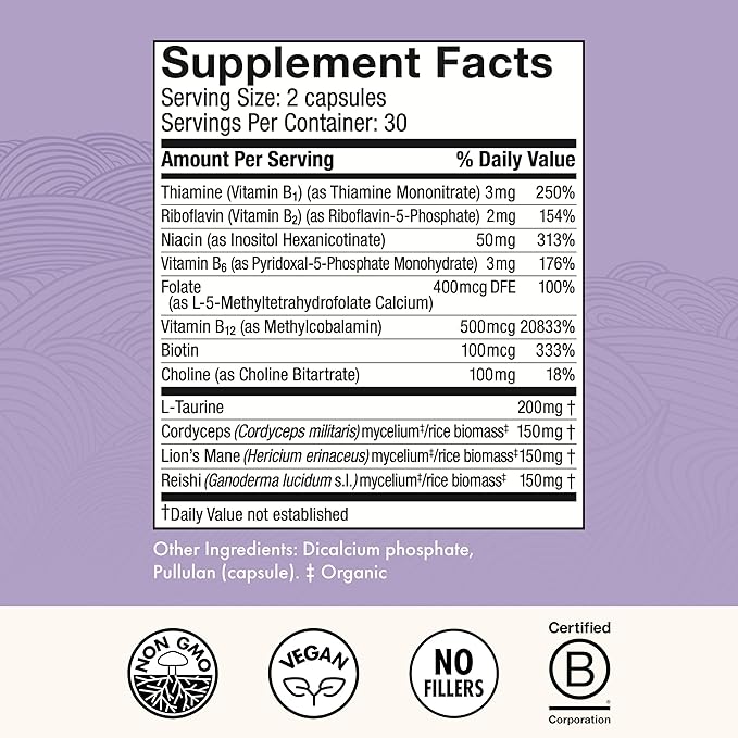 Host Defense MycoBenefits Focus Capsules - Mushroom Supplement for Brain Health Support - Neurological Function Aid for Adults - Includes Lion's Mane Reishi &amp B Vitamins - 60 Capsules (30 Serving