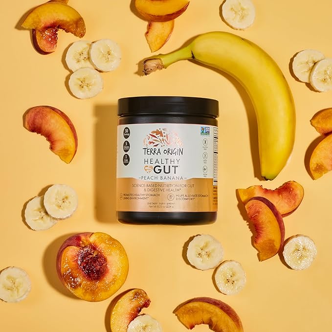 TERRA ORIGIN Healthy Gut Peach Banana | 30-Servings with L-Glutamine Zinc Glucosamine Slippery Elm Bark Marshmallow Root and More!