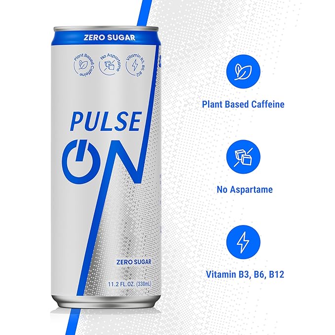 PulseOn Energy Drink- 200mg Natural Caffeine Taurine and Vitamin B|Zero Sugar Reduced Sugar 11.2 fl oz((Pack of 24)