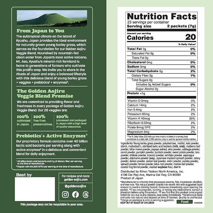 Golden Aojiru Green Superfood Powder – Japanese Barley Grass Juice with 25+ Vegetables Prebiotic &amp Enzymes – Gluten Free Green Juice – 46pcs