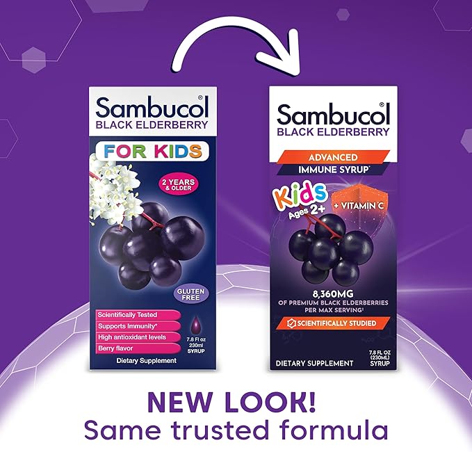 Sambucol Black Elderberry Syrup for Kids - Elderberry Liquid with Vitamin C for Kids No Artificial Flavors High Antioxidants Daily Wellness Support Berry Flavor - 7.8 Fl Oz