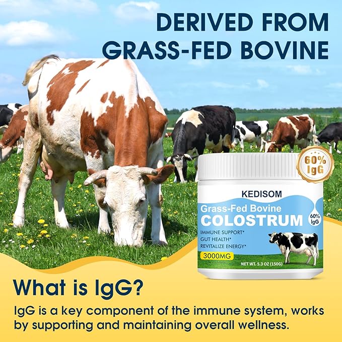 Grass-Fed Bovine Colostrum Supplement Powder - 60% High IgG 3000 mg for Gut Health Immune Support - Easy to Mix Natural Liposomal Colostrum Superfood Unflavored 50 Servings