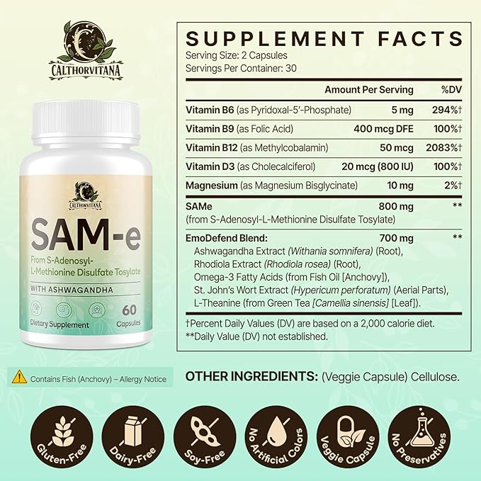 SAM-e Supplement – Capsule Complex with Ashwagandha Extract L-Theanine Rhodiola St. John’s Wort Omega-3 Fatty Acids Magnesium B Vitamins &amp D3 60 Capsules