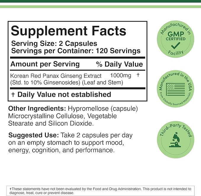 Ginseng Capsules (Korean Red Ginseng Extract Panax Ginseng 10% Ginsenosides) (4 Month Supply) 240 Vegan Capsules - 1000mg per Serving for Mood Cognitive Function and Energy Support by Double Wood