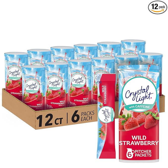 Crystal Light Wild Strawberry Artificially Flavored Powdered Drink Mix with Caffeine 72 ct Pack 12 Canisters of 6 Pitcher Packets