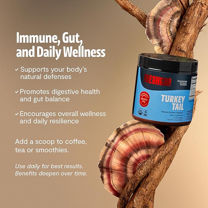 FreshCap Mushrooms Ayurveda Turkey Tail Mushroom Powder 10000mg - Turkey Tail Supplement Mushroom Extract for Immune Support Nootropic Supplement (60 Servings)